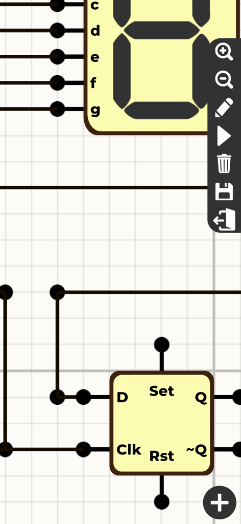 Logic circuit design interface featuring a D flip flop and a seven segment display