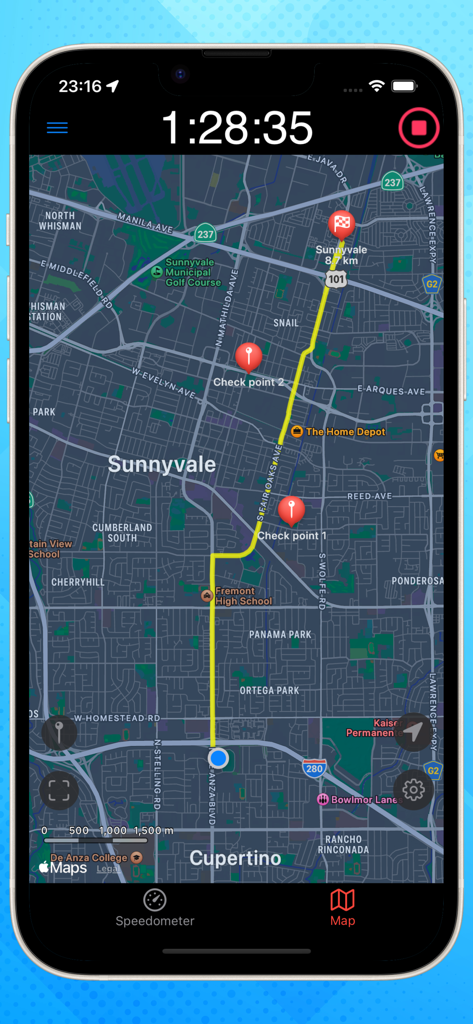 Bike Computer - Cycling - GPS map navigation interface of the Bike Computer app showing a cycling route with checkpoints in dark mode.