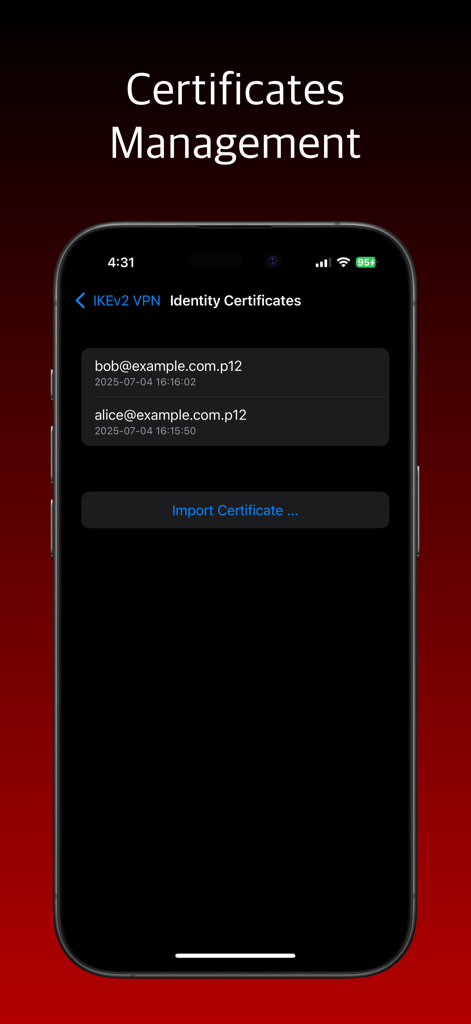 스마트폰 화면에 .p12 파일과 같은 ID 인증서 목록과 인증서 가져오기 버튼이 표시된 IKEv2 VPN 앱의 인증서 관리 인터페이스 표시