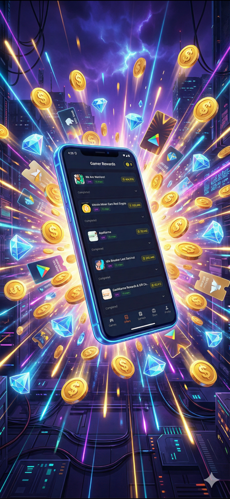 Game Rewards: Earn Gift Cards - Smartphone showing the Game Rewards app interface with floating gold coins, diamonds, and gift cards