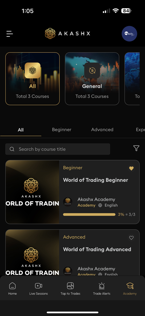 Akashx app Academy screen displaying a list of beginner and advanced trading courses.