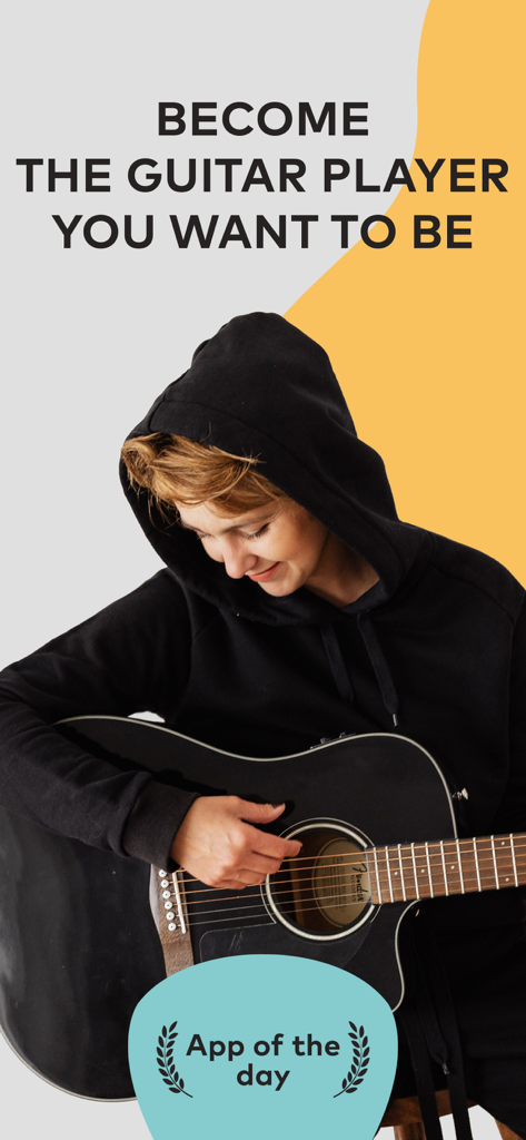 Fretello Guitar Lessons - A woman playing a black acoustic guitar with the headline become the guitar player you want to be