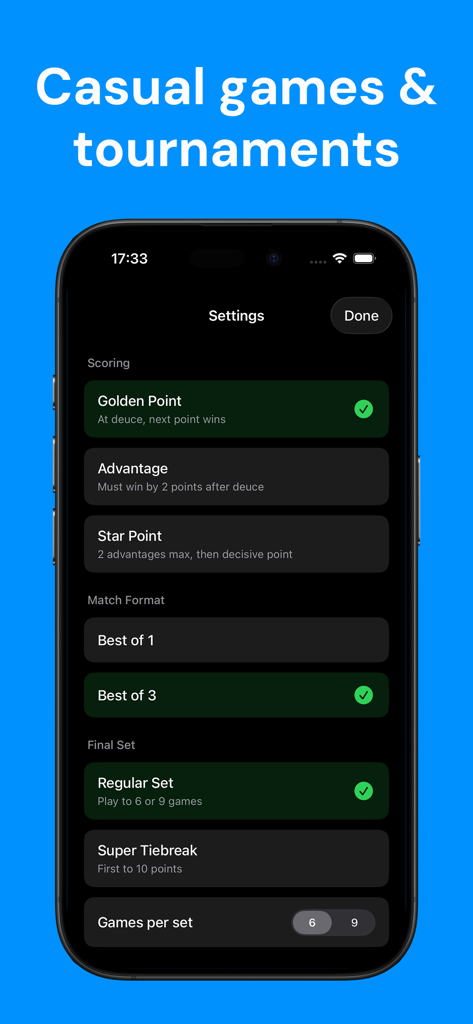 Padel Scoreboard: Track Easily - Settings screen of the Padel Scoreboard app showing match format and scoring options