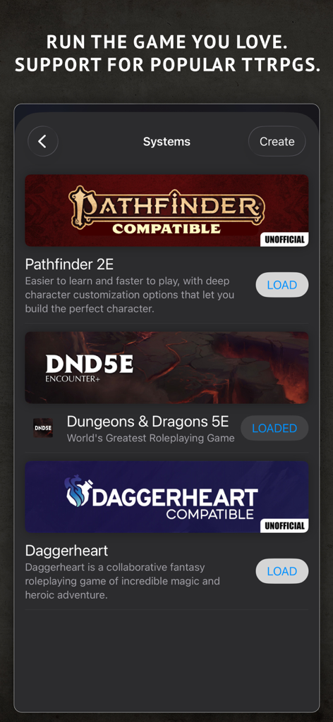 Encounter+ Virtual Tabletop - A menu in the Encounter Plus app showing support for popular TTRPG systems including Dungeons and Dragons 5E and Pathfinder 2E.