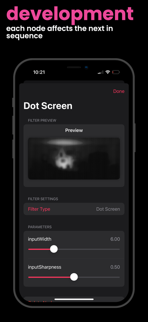Tela do aplicativo Filter Flow mostrando parâmetros do filtro de tela de pontos e pré-visualização