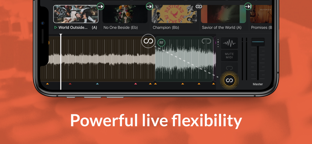 Playback - スマートフォンに表示されたプレイバックアプリのインターフェース。トラック波形と礼拝音楽のセットリストを表示。