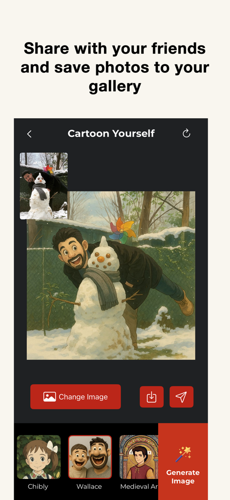 Cartoon Yourself: AI Photo - 男性と雪だるまのAI生成されたカートゥーン画像の共有および保存オプションを示すCartoon Yourselfのモバイルアプリインターフェイス