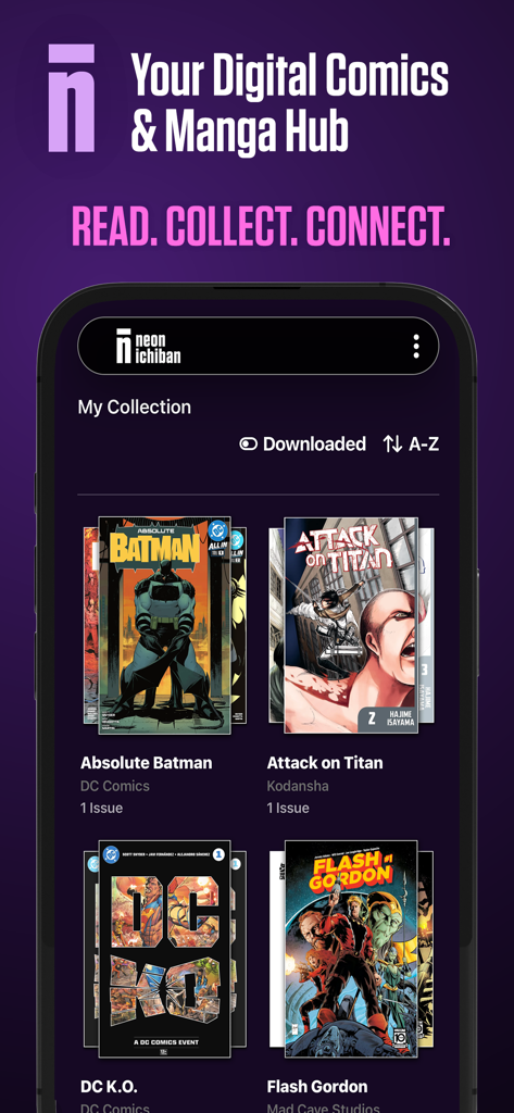 Neon Ichiban - Neon Ichiban mobile app interface showing a digital comics and manga library with Absolute Batman and Attack on Titan covers