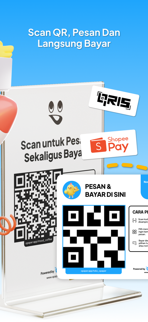 A tabletop stand displaying a QR code for contactless mobile ordering and digital payments