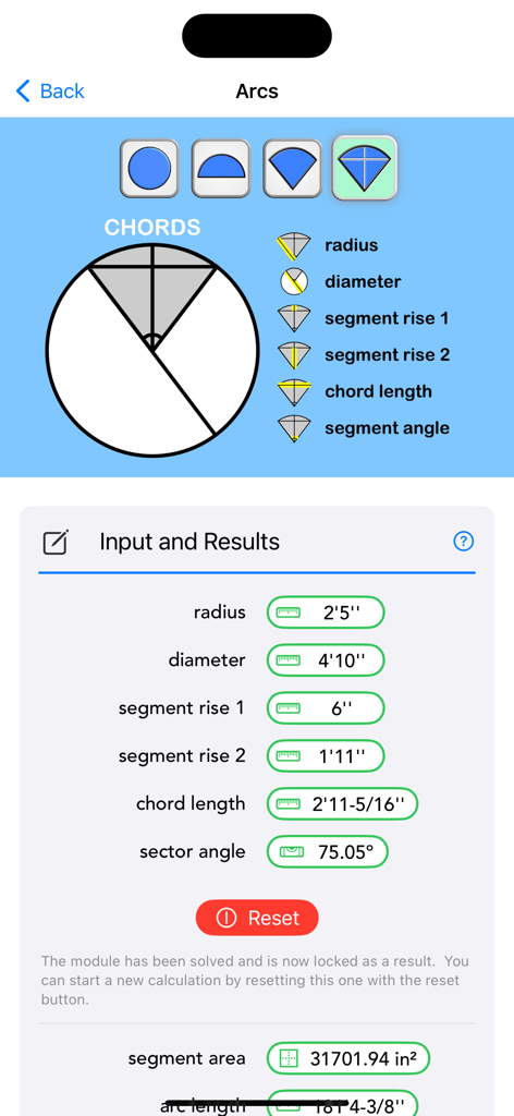 Construction Calc - Construction Calc mobile app screen showing arc and chord calculations with feet and inch measurements