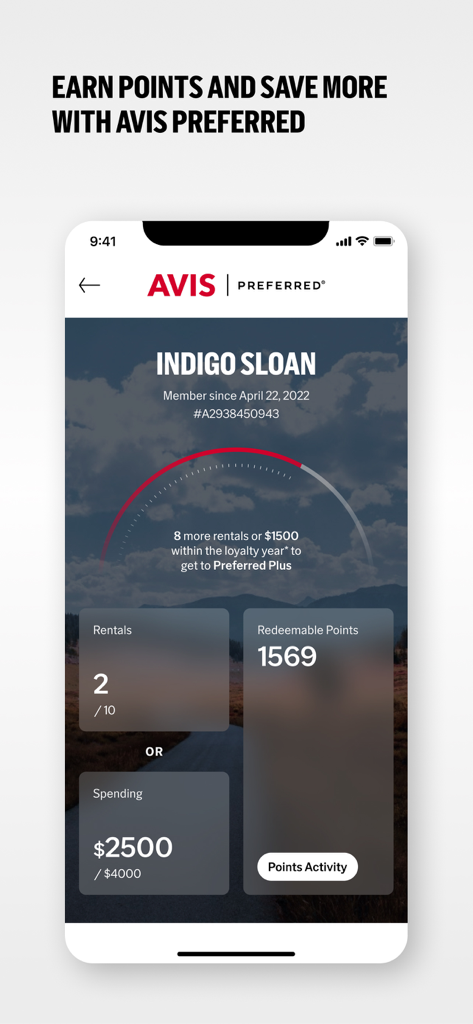 Avis - Car Rental - Avis Preferred loyalty program screen showing rewards points and membership progress