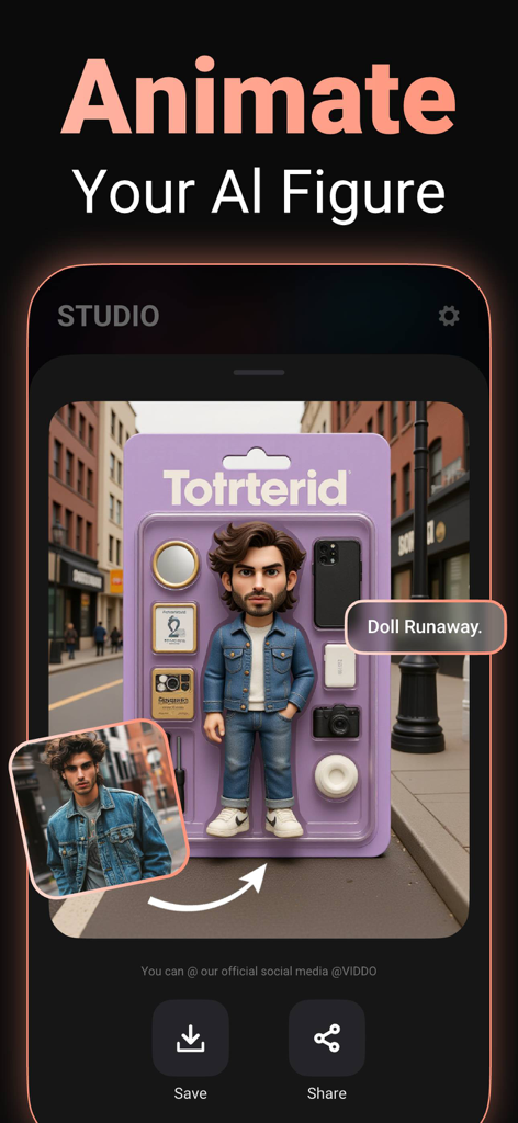 AI Video Generator - Viddo AI - Viddo AI app interface showing a photo of a man being transformed into a custom 3D action figure toy in a box