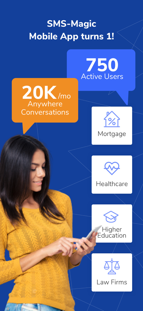 Gráfico que muestra estadísticas de crecimiento de la aplicación SMS-Magic y sectores empresariales, incluidos la sanidad y las finanzas.