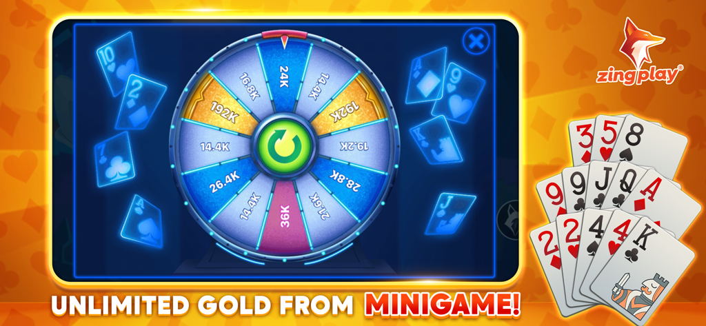 Pusoy ZingPlay - Chinese Poker - Una captura de pantalla del minijuego de Pusoy ZingPlay con una rueda giratoria para ganar recompensas ilimitadas de oro.