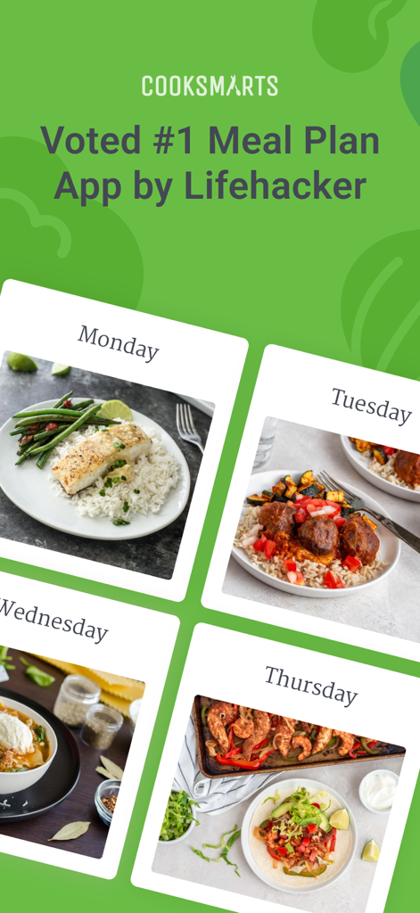 Cook Smarts - Easy Meal Plans - Cook Smarts app interface showing a weekly meal plan with recipes for Monday through Thursday and a Lifehacker endorsement