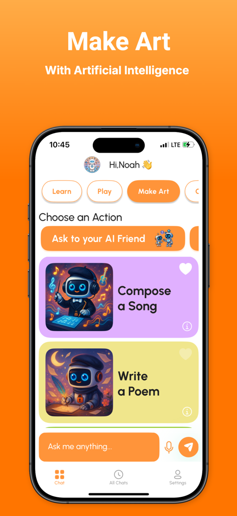 Interface of the Chat Kids app showing AI creative tools for children to compose songs and write poems