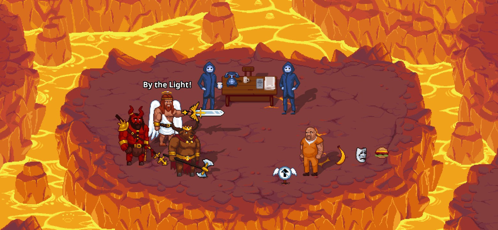 Peace, Death! 2 - 지옥 같은 배경에서 캐릭터들을 보여주는 Peace, Death! 2의 픽셀 아트 게임플레이.