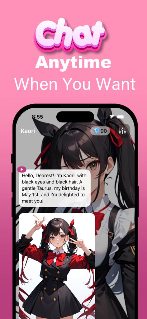 Chat screen of Waifu AI app showing a conversation with an anime character named Kaori