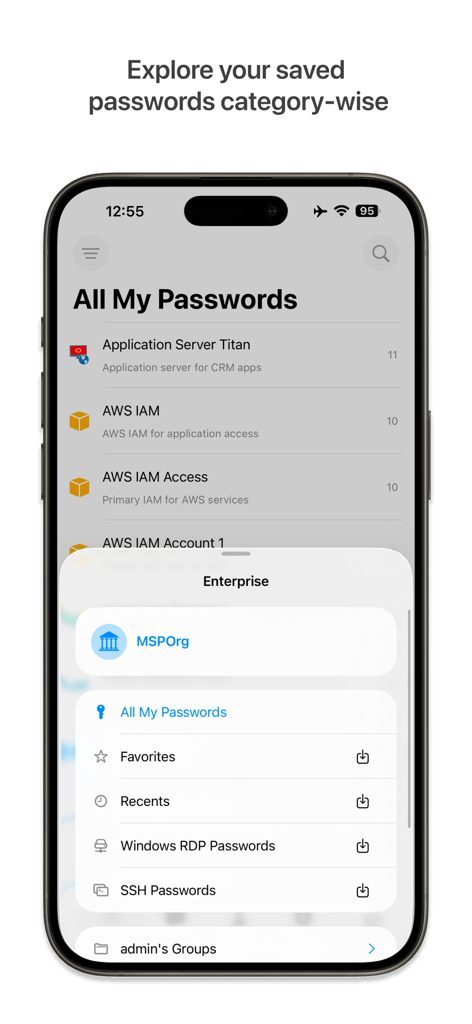 ManageEngine PAM360 - ManageEngine PAM360 mobile app interface displaying categorized enterprise passwords and access credentials on an iPhone