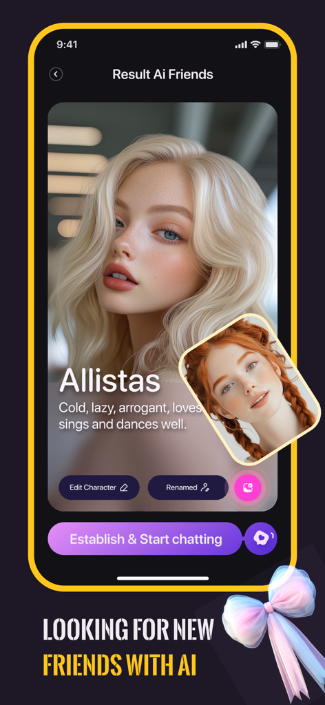 A screen from the Ailica app showing a profile for a customizable AI friend named Allistas with options to edit and start chatting.