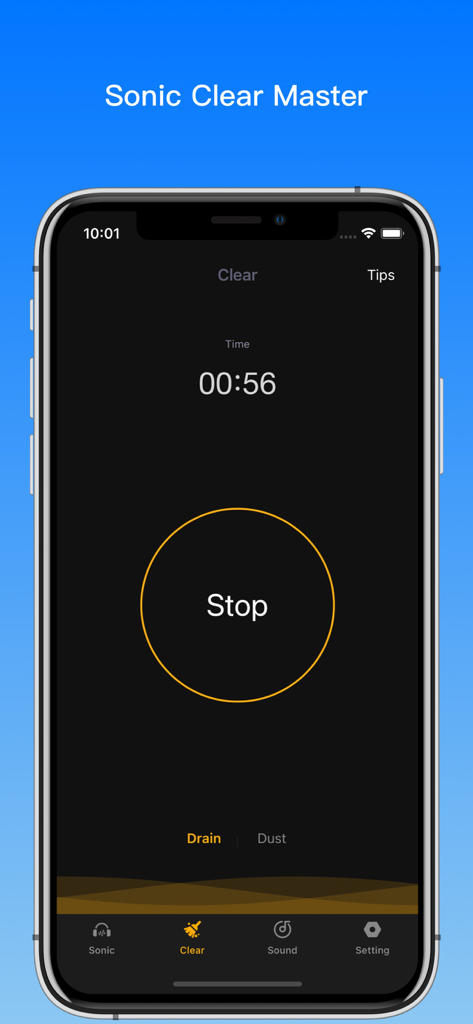Interface of the Sonic Master app showing the speaker water drainage feature with a countdown timer and stop button