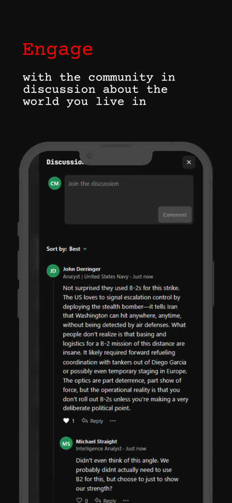Community discussion feature in The Atlas News app showing expert comments from intelligence analysts.