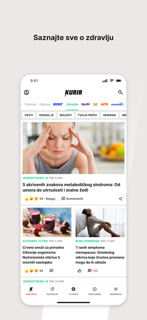 Kurir - Captura de pantalla móvil de la sección de salud de la aplicación Kurir que muestra artículos sobre síndrome metabólico y nutrición en serbio.