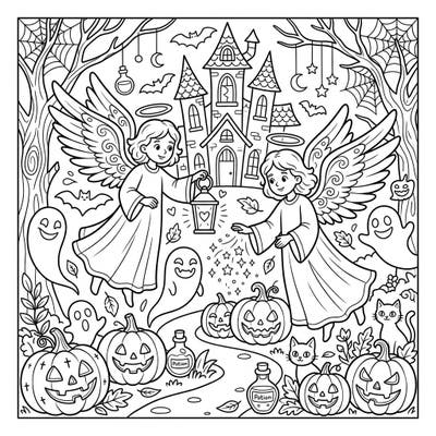 Experience a unique blend of peace and playfulness with this captivating coloring page featuring Healing Angels amidst a charming Halloween setting. Perfect for those who love a touch of divine magic with their spooky season celebrations.