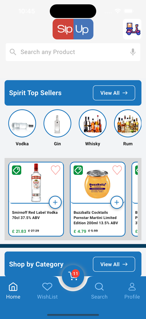 SipUP 앱 홈 화면에 주류 인기 카테고리와 가격이 표시된 주요 주류 제품이 표시됩니다.