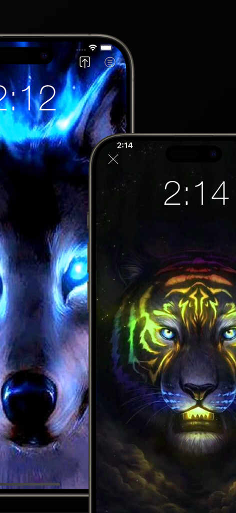 Dos iPhones mostrando fondos de pantalla artísticos de lobo y tigre de neón en sus pantallas de bloqueo.