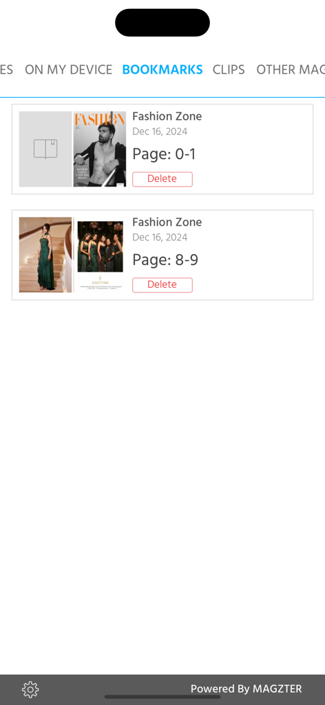 Fashion Zone Magazine - Lesezeichen-Bildschirm der Fashion Zone Magazin App mit gespeicherten Seiten und Magazin-Covern.