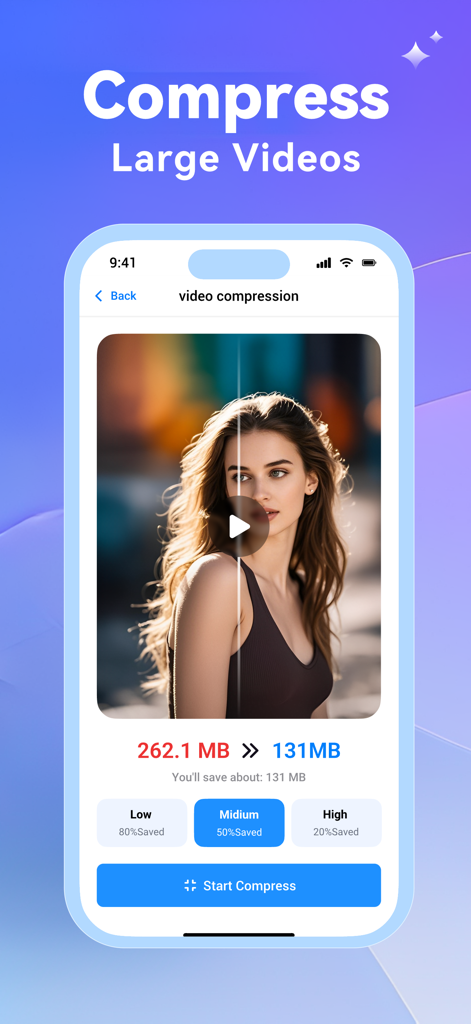 Interface showing video compression from 262MB to 131MB to save storage space on iPhone