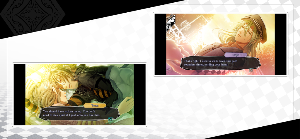 Deux scènes de visual novel romantiques d'Amnesia Memories mettant en vedette les personnages Toma et Ukyo avec dialogue