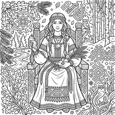Journey into the heart of ancient folklore with this captivating coloring page featuring a powerful Slavic goddess. Surrounded by mystical forest elements and traditional patterns, it offers a rich and engaging artistic experience.
