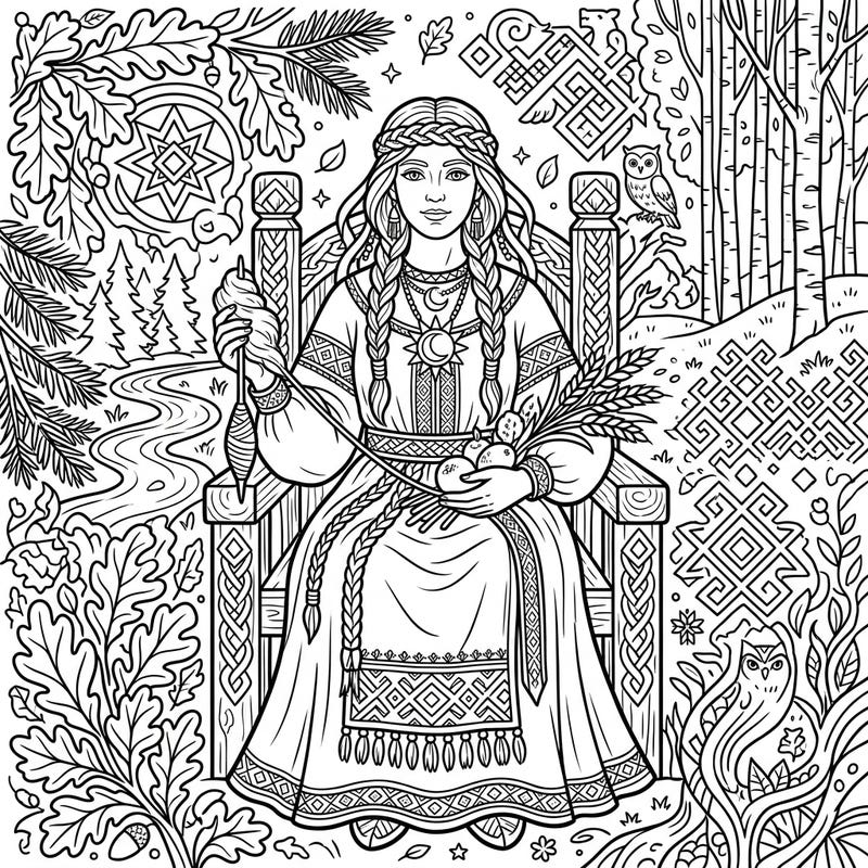 Journey into the heart of ancient folklore with this captivating coloring page featuring a powerful Slavic goddess. Surrounded by mystical forest elements and traditional patterns, it offers a rich and engaging artistic experience.
