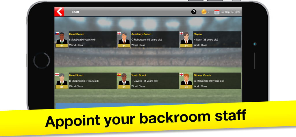Soccer Boss: Football Game - Pantalla del juego Soccer Boss que muestra la gestión del personal del club con entrenadores y ojeadores