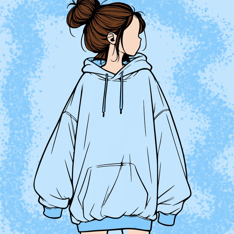 realistic girl with a oversized sweatshirt on and a bun