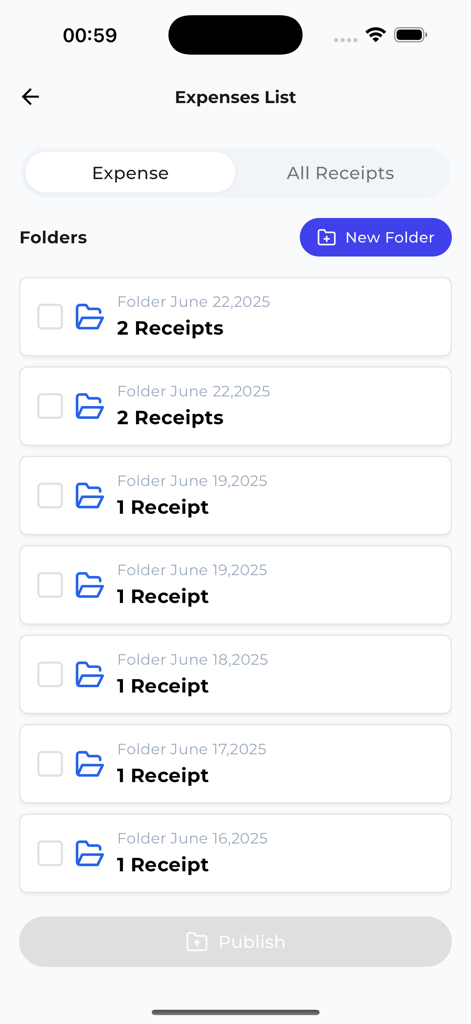 Écran de l'application Ezpense montrant des dossiers organisés pour le suivi des reçus et des dépenses.