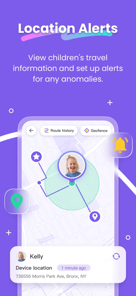 FlashGet Kids app interface showing real-time GPS location tracking and geofencing alerts for child safety