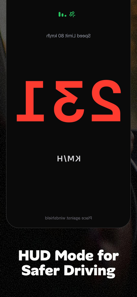 GPS Speedometer & Speed HUD - Una pantalla de velocímetro GPS reflejada en modo HUD diseñada para proyección en el parabrisas para una conducción más segura.