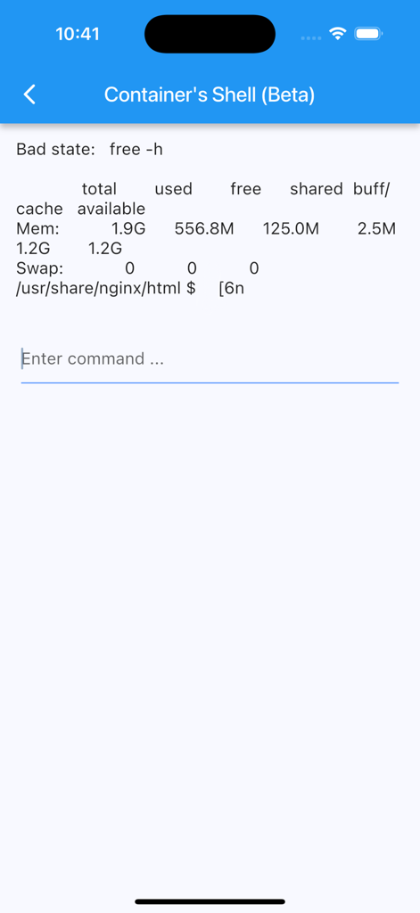 Mobile terminal interface for a Docker container showing system memory usage and a command prompt.