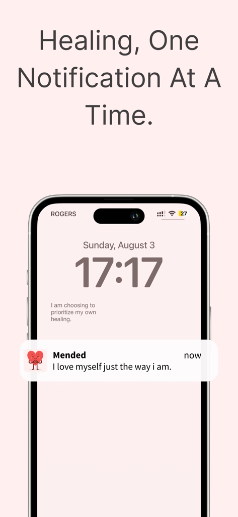 Mended - No Contact & Breakup - iPhone lock screen showing a daily affirmation notification from the Mended breakup healing app.