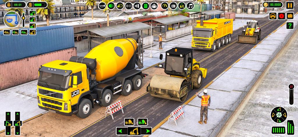 Real Excavator Construction 3D - Heavy construction machinery including a cement mixer and road roller on a job site in a 3D simulation game