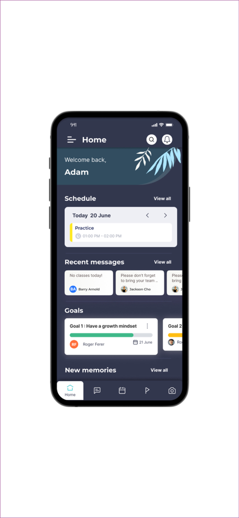 Outcoach - Panel de control principal de la aplicación Outcoach que muestra el horario de práctica, mensajes recientes y el seguimiento de objetivos del estudiante