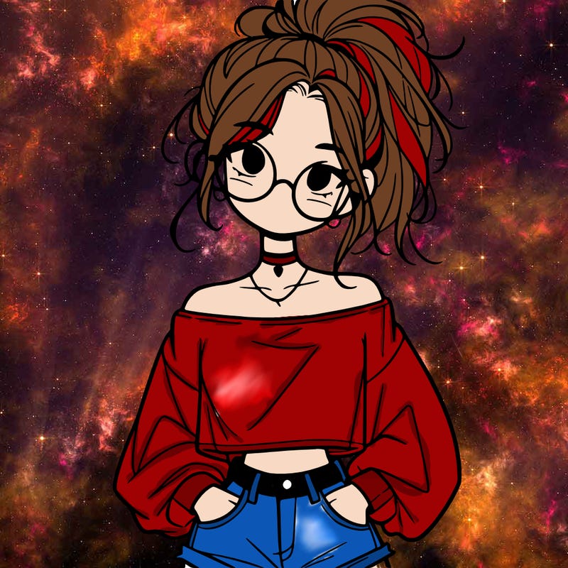 girl with a messy ponytail glasses a baggy crop top and jean shorts