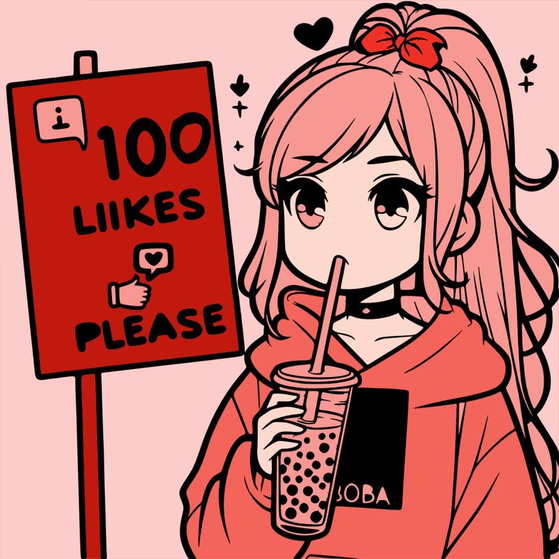 girl with a high ponytail and a hoodie drinking boba staring at a sign saying 10 likes please