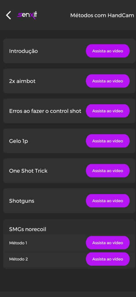SenXit - Pacote de Sensi FF - SenXit app interface displaying a list of Free Fire gameplay tutorial videos and handcam methods