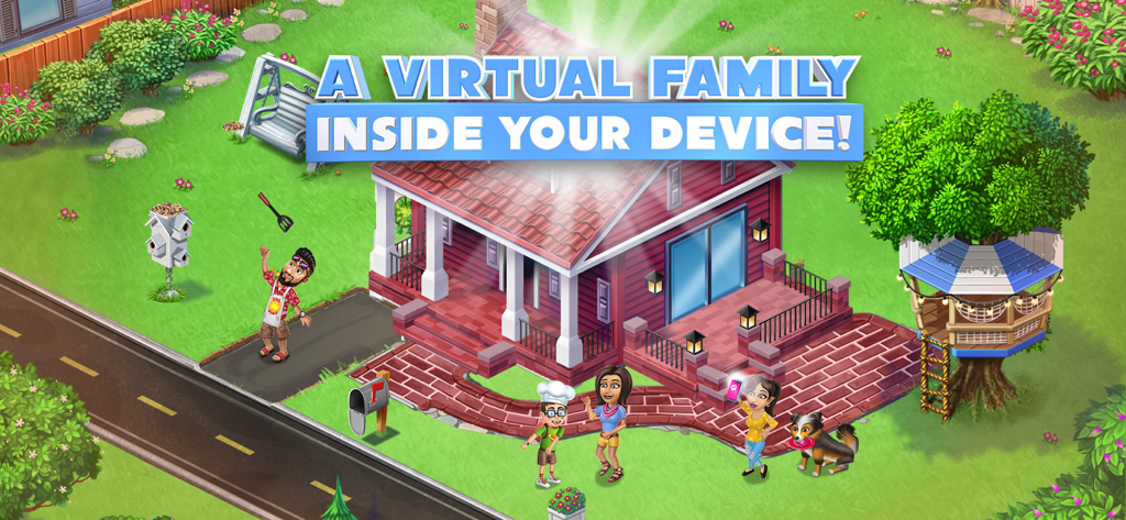 Virtual Families: Cook Off - 仮想家族とそのペットの犬が、ツリーハウスのある大きな郊外の家の外に立っている様子