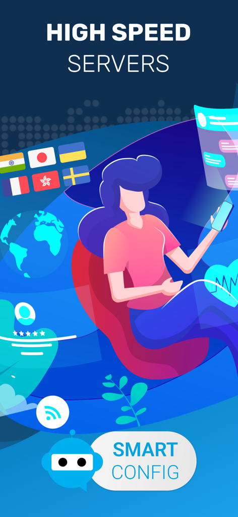 Promotional graphic for B VPN showing high speed global servers and smart configuration features with a user illustration.