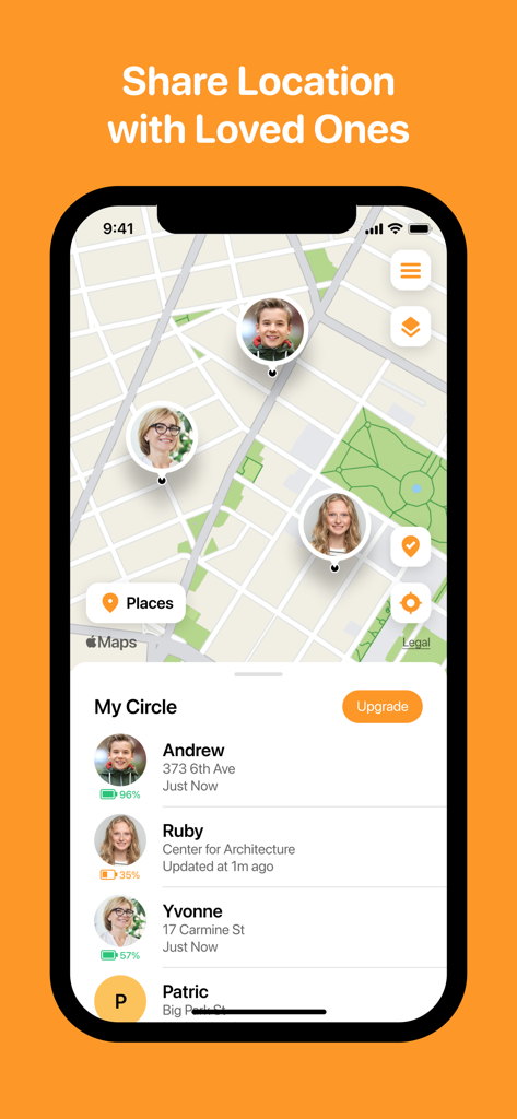AlfredCircle app interface showing family members real-time locations on a map and their status list